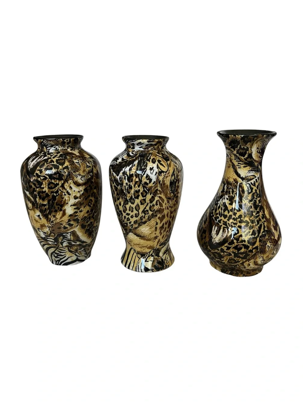 NIB Set of 3 Gold and Black Animal Print Vases - 5” tall